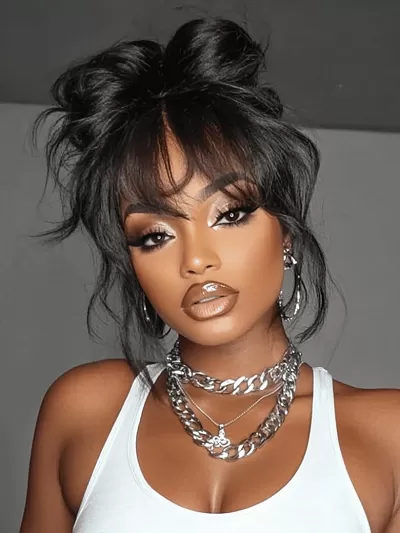UNice 13x4 Pre-Everything™ Lace Frontal Black Fluffy Natural Loose Wave Curtain Bangs Wig