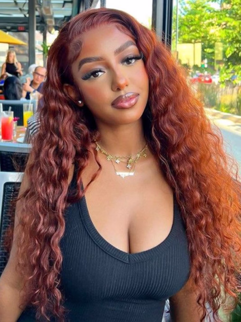 Reddish Brown Wet And Wavy 7x5 Bye Bye Knots Lace Wigs Water Wave Pre-Plucked Human Hair Wigs