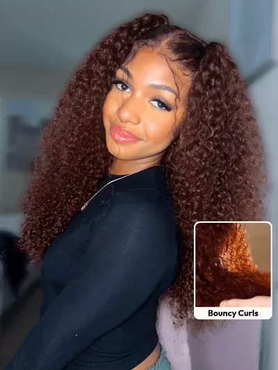 7x5 Glueless Lace Bye-Bye Knots Wig Sunset Jerry Curly for Reddish Brown Drawstring Wig With Bleached Knots