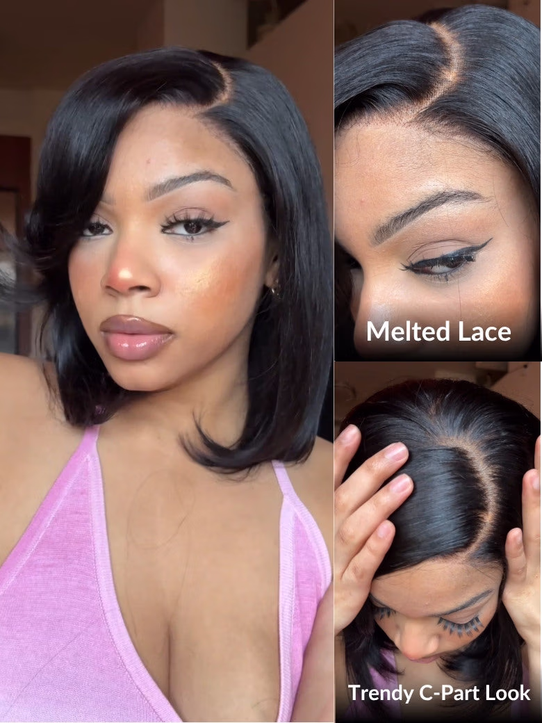 7x5 Pre Cut Rachel-Inspired Blunt Layered Shoulder-Length Silky Straight Bob Lace Wig With Side Part Bangs