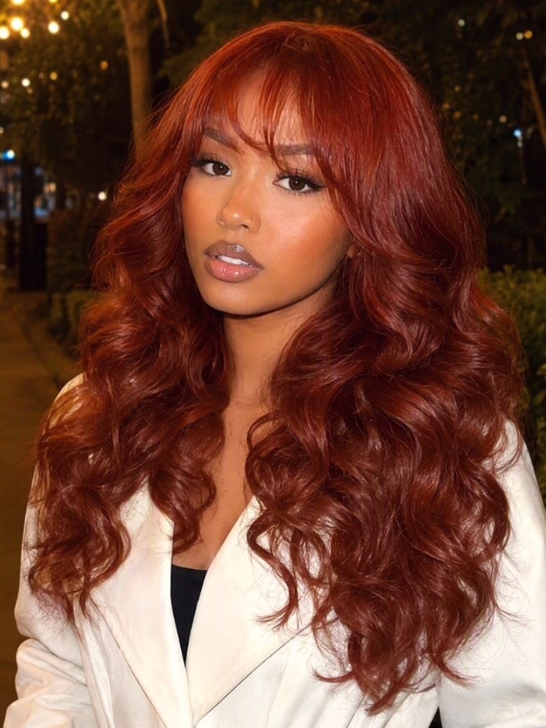 7x5 Bye Bye Knots Lace Closure Wig Reddish Brown Loose Wave Human Hair Wig with Curtain Bangs