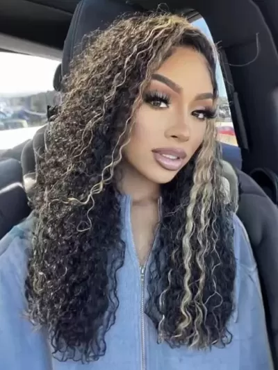 Pre-Cut 6x4.5 Glueless Lace Honey Brown Highlights Jerry Curly Wig With Bleached Knots 200% Density