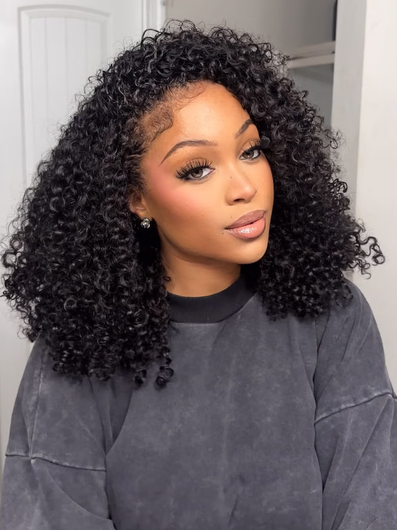 Flip Over 3/4 Half Wig Seamless Kinky Curly with 4C Edge and Invisi Drawstring-Glueless Put On And Go Beginner Friendly