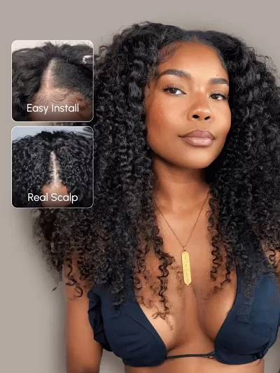 EasiContour V Part Kinky Curly Wig Glueless Protective Style Human Hair Wig 150% Density