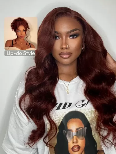 UNice 7x5 Bye Bye Knots Wig Glueless Lace Reddish Brown Bouncy Body Wave Bleached Knots Wig