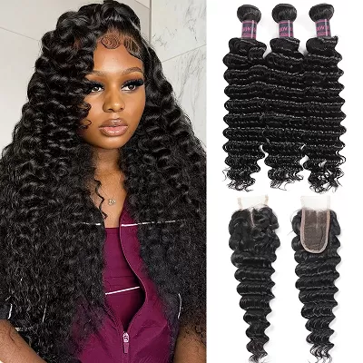 Deep Wave Hair 3 Bundles with 2*4 Lace Closure Ishow Virgin Human Hair