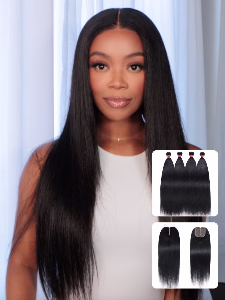 Yaki Straight Natural Black 3 Bundles With 4x4 Swiss Lace Closure