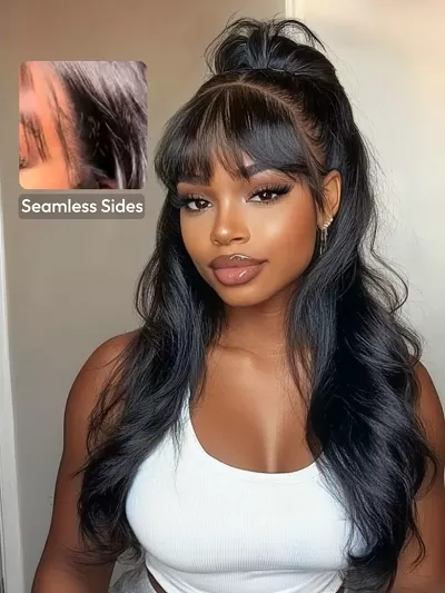UNice 7x5 Bye-Bye Knots™ & 13x4 Pre-Everything™ Lace Frontal Black Fluffy Natural Loose Wave Curtain Bangs Seamless Sides Wig with Invisi Drawstring