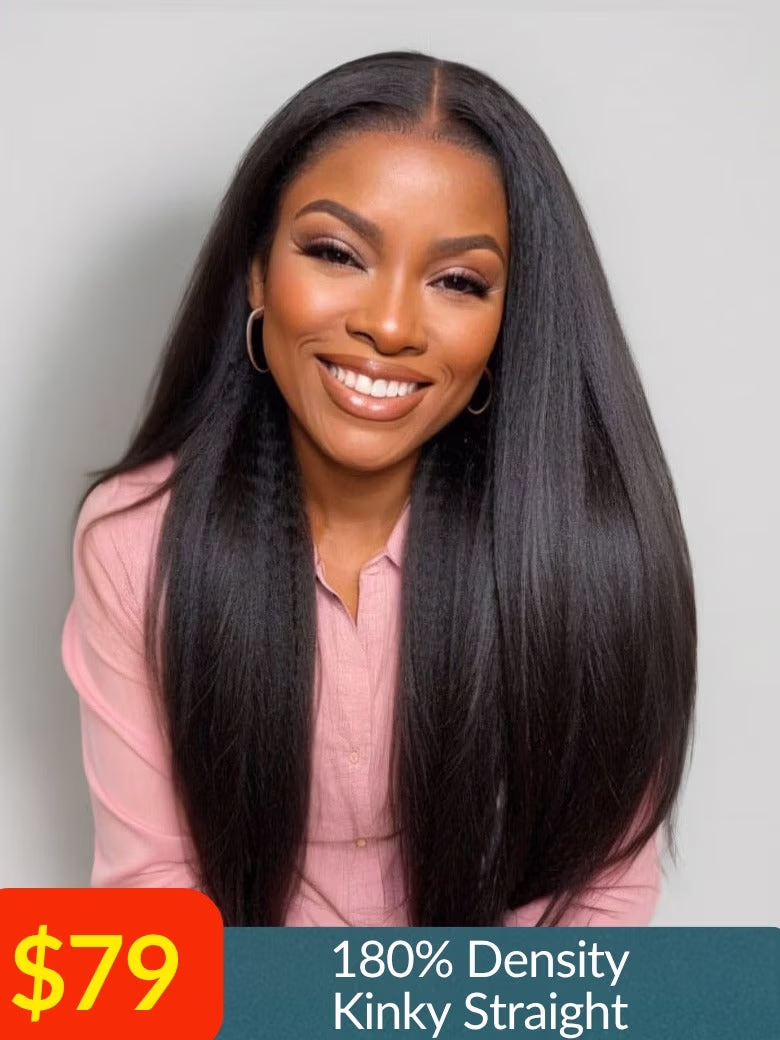 180% Density Kinky Straight EasiContour™ V Part Glueless Wigs Human Hair With Invisi Drawstring