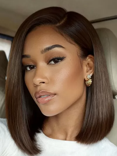 UNice Bye-Bye Slip™ 7x5 Lace Glueless Dark Chocolate Brown Side Part Yaki Straight Bob Wig with Invisi Drawstring Can Be Heated