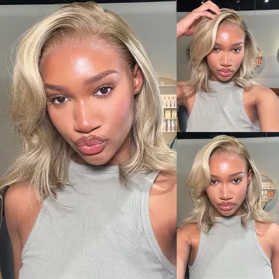 Ombre Ash Blonde Straight Short Bob 180% Density Transparent Lace Frontal Glueless Wigs