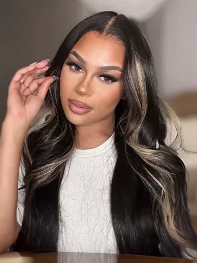 13x4 Pre-Everything Glueless Lace Wig Black With Blonde Highlights 3D Body Wave Bleached Knots Bouncy Wig