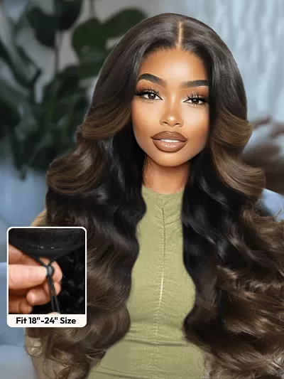 UNice Chestnut Brown Ombre Body Wave InvisiBlend™ V Part Drawstring Human Hair Wig with Minimal Leave-Out