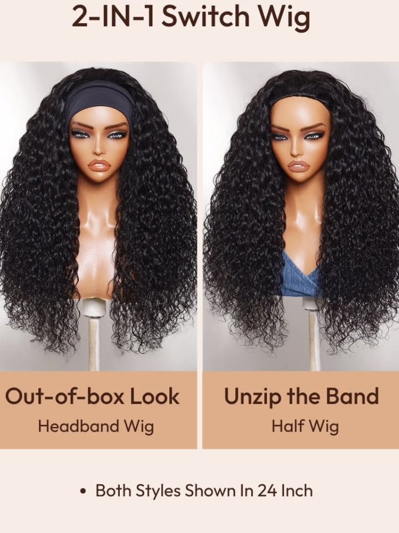 Headband Half Wig Beginner Friendly 2-IN-1 Switch™ Water Wave Glueless Wig With Invisi Drawstring 180% Density
