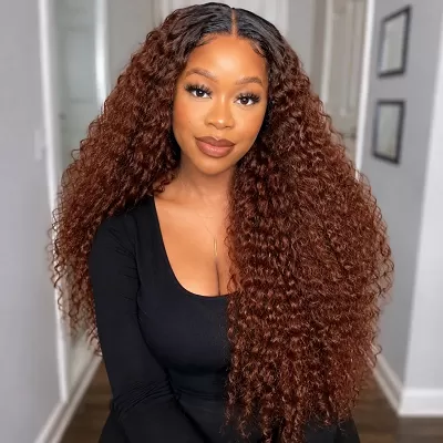 Amanda 300% Density Reddish Brown Deep Curly 13x6 Full Lace Front Ombre Glueless Human Hair Wig