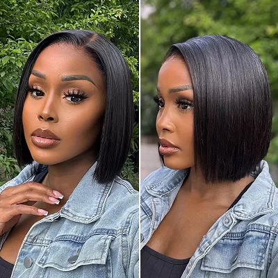 PreMax Wigs / Super Natural Hairline Natural Black Silky Blunt Cut Glueless 13x4 Frontal Lace Human Hair Short Bob Wig
