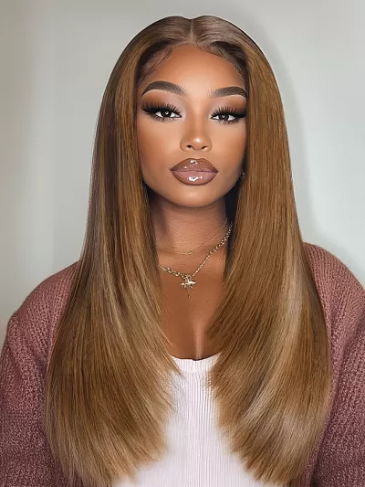 13x4 Pre Everything Wig Put On And Go Caramel Blonde Layered Straight Wig
