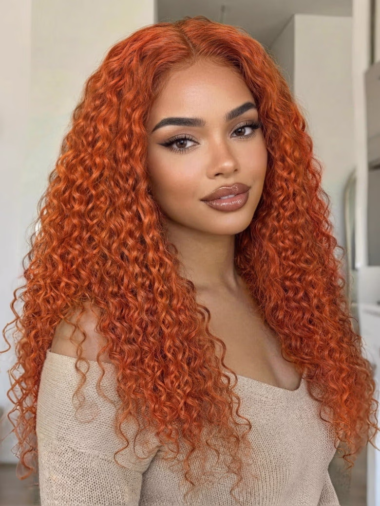 180% Density Ginger Orange Jerry Curly Lace Part Wigs Human Hair