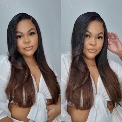 Ombre Brown Butterfly Cut Layered Light Yaki Straight Glueless 7x6 Closure HD Lace Pre-Cut Lace