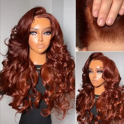7x5 Lace Pre-styled Reddish Brown Body Wave Glueless Wig HD Transparent Lace Frontal Wig
