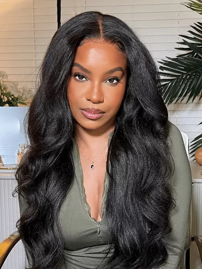 EasiContour™ V Part Glueless Yaki Straight Natural Black Wig With Invisi Drawstring 100% Human Hair