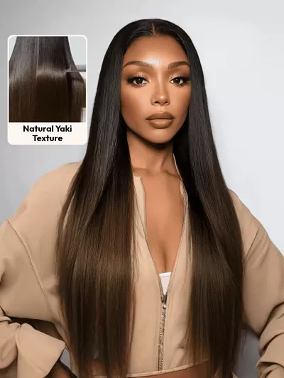 Bye Bye Knots Wig 7x5 Glueless Lace Black to Chestnut Brown Ombre Yaki Straight Wig With Bleached Knots