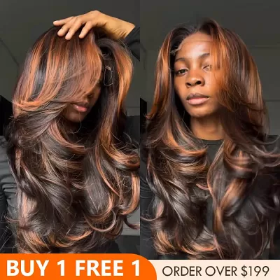 Highlight Ginger Brown 6x4/13x4 Lace Loose Wave Wigs with Curtain Bangs Human Hair Undetectable Clear Transparent Lace Wigs