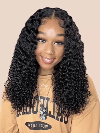 24'' (250% Density) UNice Put On And Go Pre Cut Lace Wig Transparent Lace Curly Black Quick & Easy Glueless Air Wig