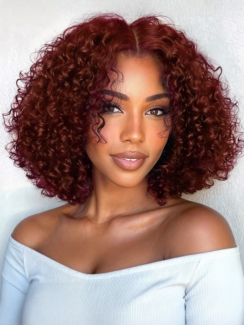 Reddish Brown Jerry Curly 7×5 Bye Bye Knots Lace Front Wig Real Human Hair