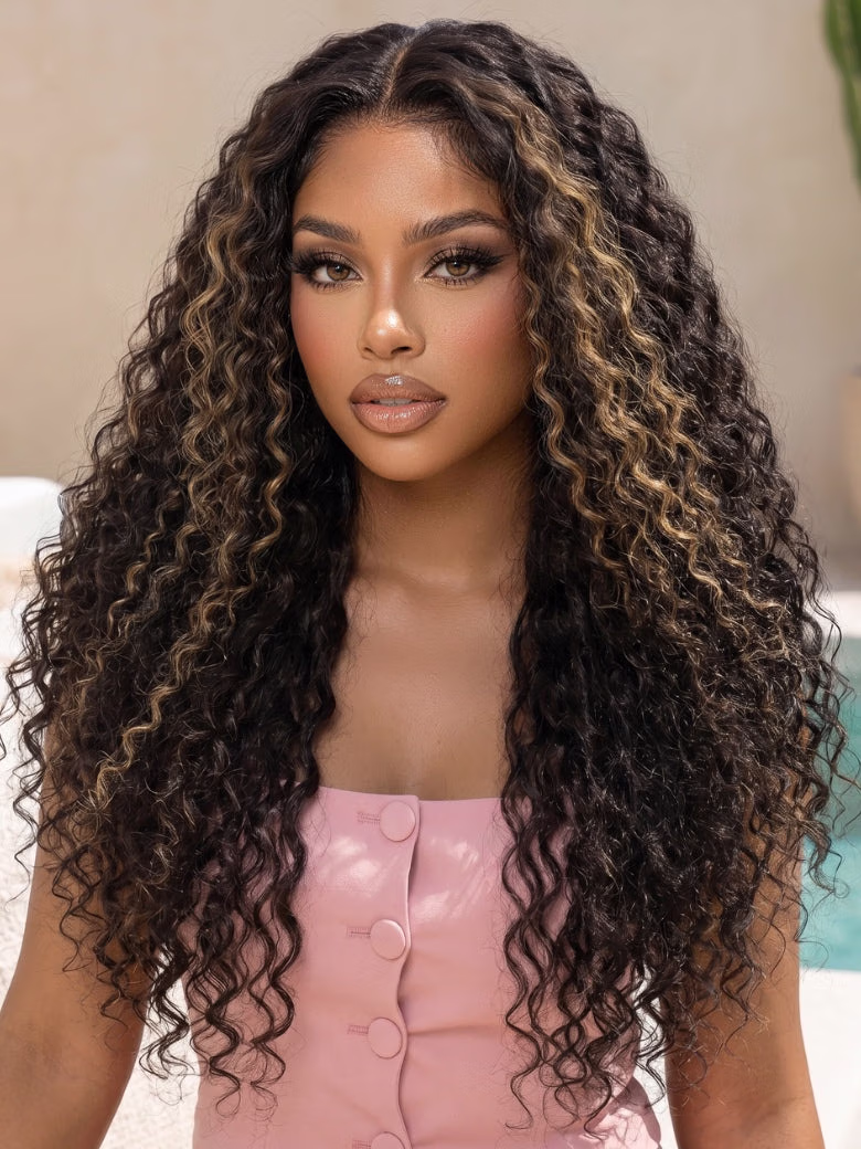 7x5 Pre Cut Brown With Honey Blonde highlights On Black Hair Curly Lace Wig With Invisi Drawstring