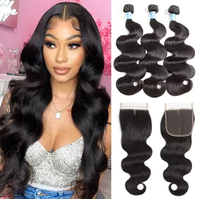 Brazilian Body Wave Hair 1/3 Bundles With 4*4 Lace Closure 9A Grade 100% Unprocessed Human Hair No Tangles