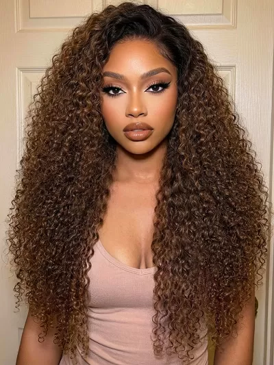 UNice 7x5 Bye Bye Slip™ Lace Warm Caramel Brown with Dark Roots Natural Afro Curly Wig with Invisi Drawstring