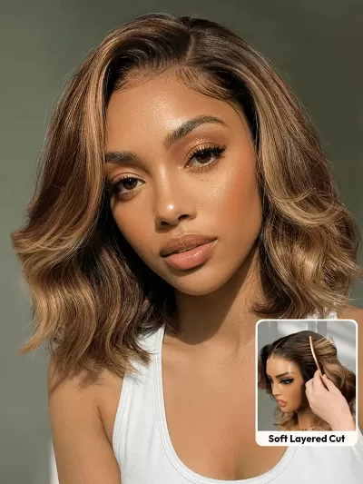 Brown With Honey Blonde Face-Framing Highlights Wavy 13x4 Pre-Everything™ Lace Frontal Bob Drawstring Wig