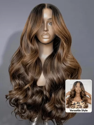 7x5 Bye Bye Slip™ Balayage Highlight Body Wave & Curtain Bangs Wig – Glueless Lace Pull & Go with Invisi Drawstring