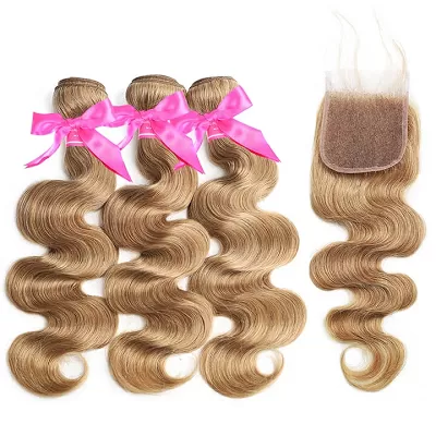 Body Wave 3 Bundles With Lace Closure Brazilian Human Hair Honey Blonde #27