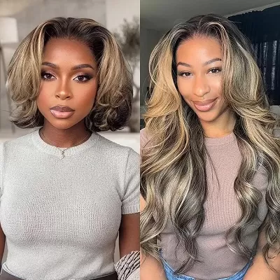 Arabella Honey Blonde Highlighted Balayage 13x6 Glueless Wig Dark Roots Loose Body Wave 100% Human Hair Pre-Cut Beginner