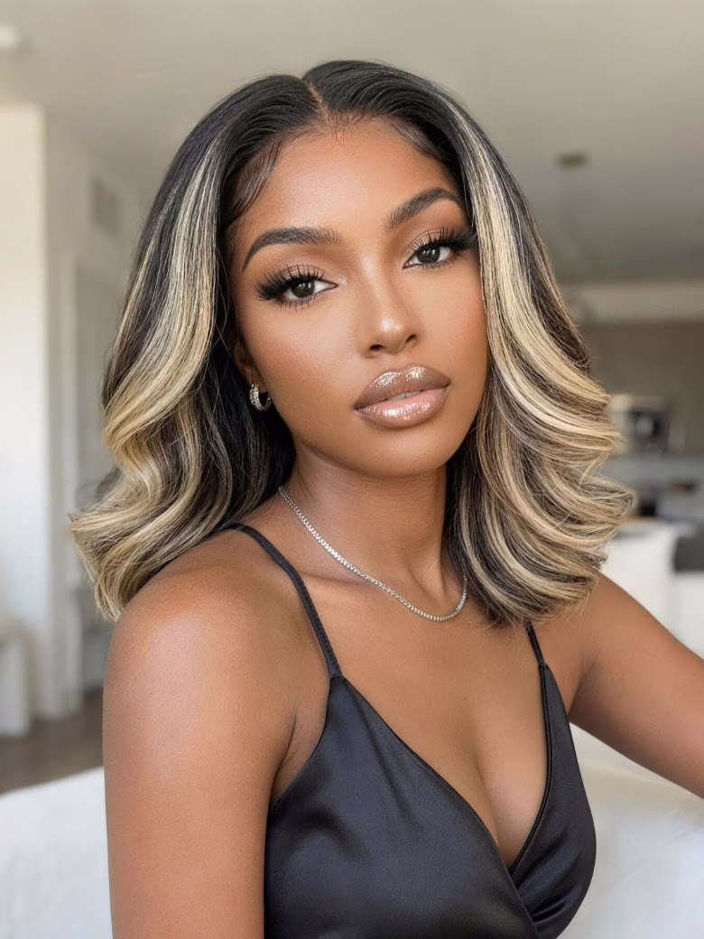 7x5 Pre Cut Dark Brunette with Ash Blonde Highlight Bob Shoulder Length Lace Wig Feathered Layered Blowout