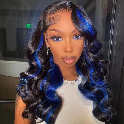 Ishow Black with Gemstone Blue Highlight PPB™ Body Wave Invisible Knots Human Hair Wigs Ready To Wear Lace