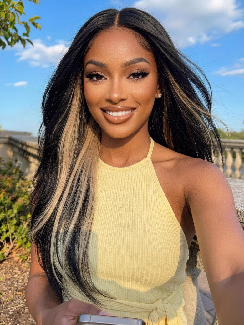 7x5 Pre Cut Black Blond Straight Layered Peekaboo Highlights Lace Wigs With Invisi Drawstring