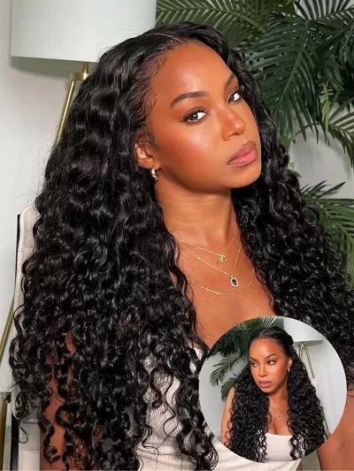 13x4 Pre-Everything™ Lace Frontal & 7X5 Lace Natural Black Bouncy Water Wave Curly Drawstring Wig Perfect For Summer Look