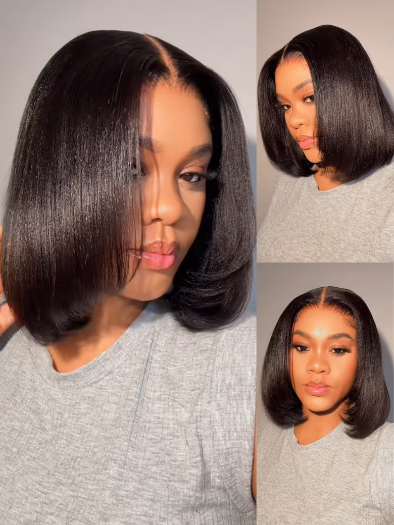 Blunt Cut Light Yaki Straight 7x5 Pre-Cut Lace Bye Bye Knots Glueless Bob Wig Pre-plucked