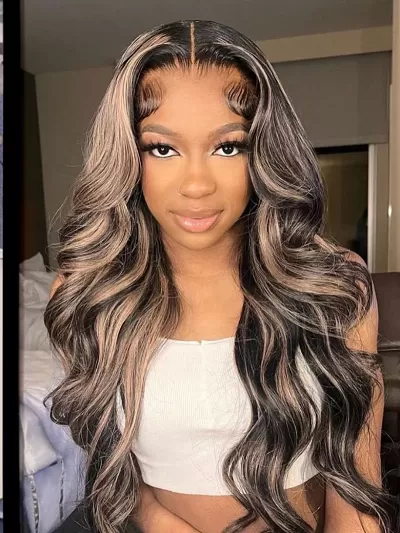 13x5 T Part Lace Wig Body Wave Wig Shadow Root Blonde Highlight Bouncy Hair