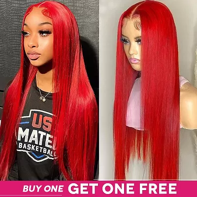 Put On Go Pre-Plucked Red Color Deep Wave/Straight 13x4 Lace Frontal Glueless Wig Beginner Friendly