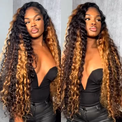 Highlight Golden Glueless Lace Front Wig Human Hair Loose Deep Wave Wigs Clear Transparent Front Wigs Human Hair Pre Plucked with Baby Hair