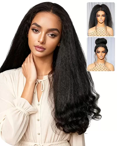 Arabella 3D Lace Half Wig Yaki Straight With Burmese Curly Wig Natural Black Breathable & Security