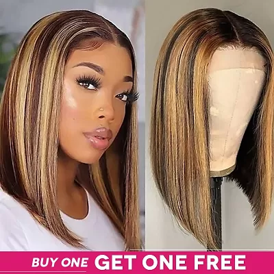 Colored Short Bob Wig P4/27 Honey Blonde/Ginger/Aburn Reddish Brown Body Wave/Straight HD Lace Closure Hair