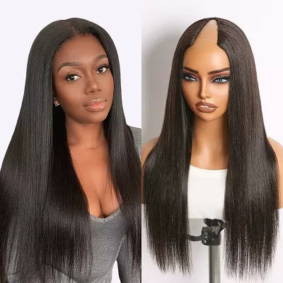 True Scalp Yaki Straight / Kinky Straight V Part Glueless Human Hair Wig Flexi-Fit Drawstring