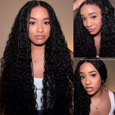 Glueless Exquisite Long Loose Curls with Braided Parting 7x5/13x4 HD Transparent Lace Wig