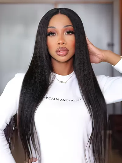 Bye Bye Knots™ 7x5 Glueless Lace Black Yaki Straight Wig With Baby Hair Cozy Hug