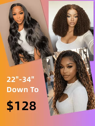 13x4/5x5 HD/4x4 pre Cut 22"-34" Highlight Water Wave/ Chocolate Brown Curly/ Black Body Wave Wigs